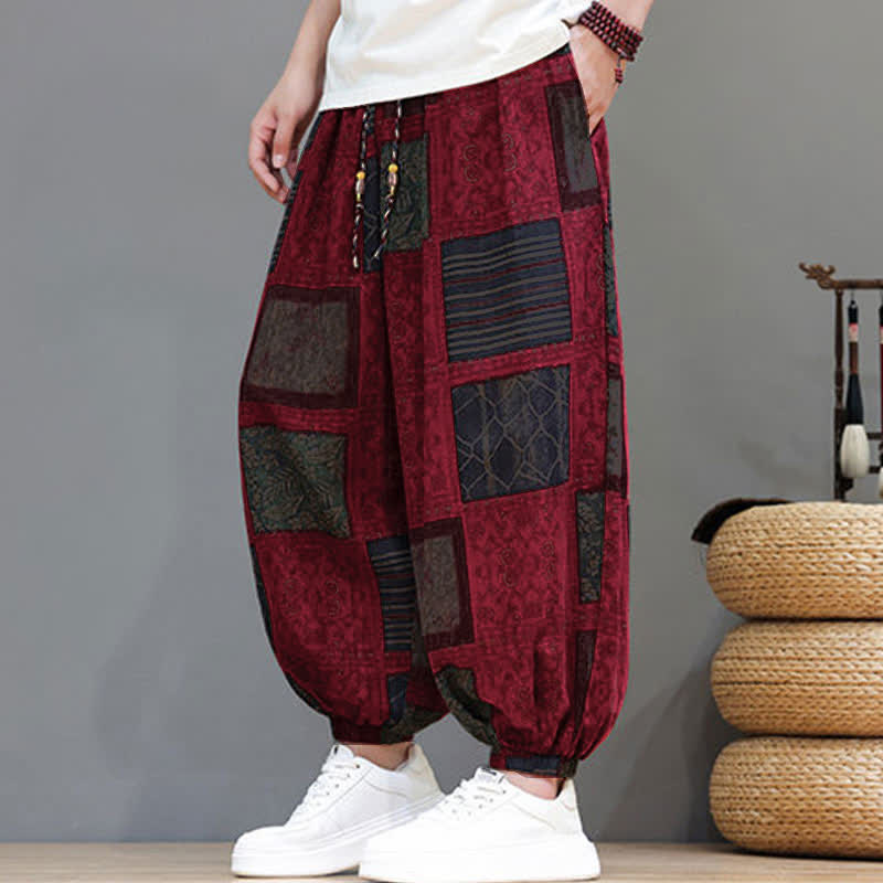 Buddha Stones Pantalones cortos geométricos de estilo bohemio casual de verano con cordón ajustable para hombre, estilo harem con bolsillo. - image 34