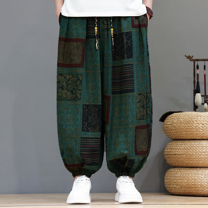 Buddha Stones Pantalones cortos geométricos de estilo bohemio casual de verano con cordón ajustable para hombre, estilo harem con bolsillo. - image 20