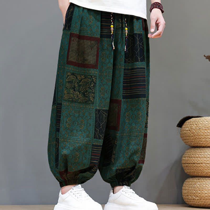 Buddha Stones Pantalones cortos geométricos de estilo bohemio casual de verano con cordón ajustable para hombre, estilo harem con bolsillo. - image 22