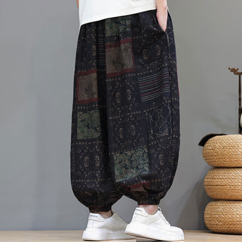 Buddha Stones Pantalones cortos geométricos de estilo bohemio casual de verano con cordón ajustable para hombre, estilo harem con bolsillo. - image 51