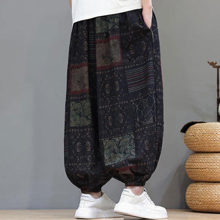 Buddha Stones Pantalones cortos geométricos de estilo bohemio casual de verano con cordón ajustable para hombre, estilo harem con bolsillo. - image 51