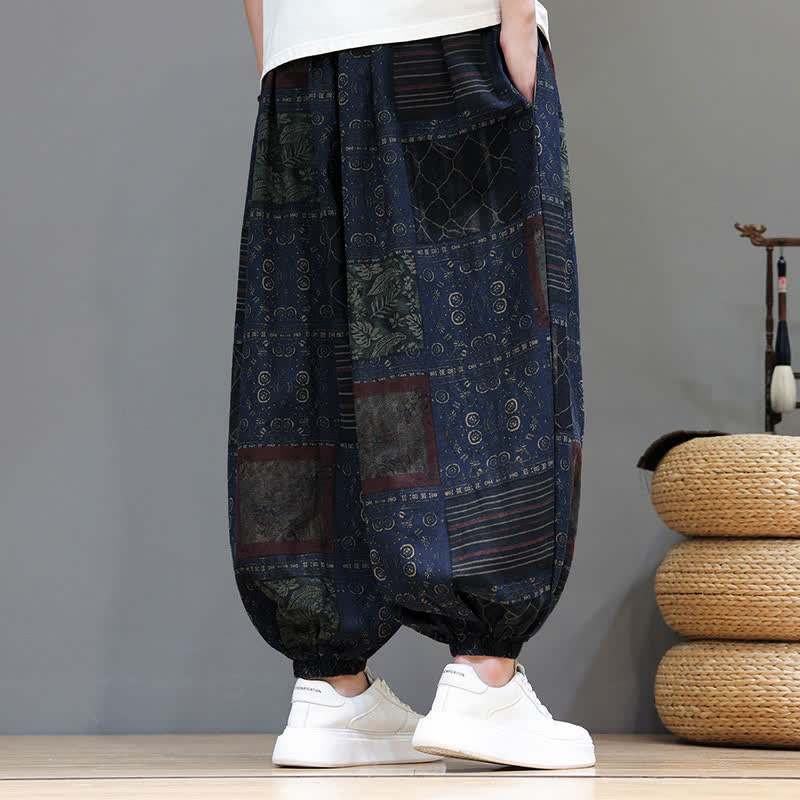 Buddha Stones Pantalones cortos geométricos de estilo bohemio casual de verano con cordón ajustable para hombre, estilo harem con bolsillo. - image 2