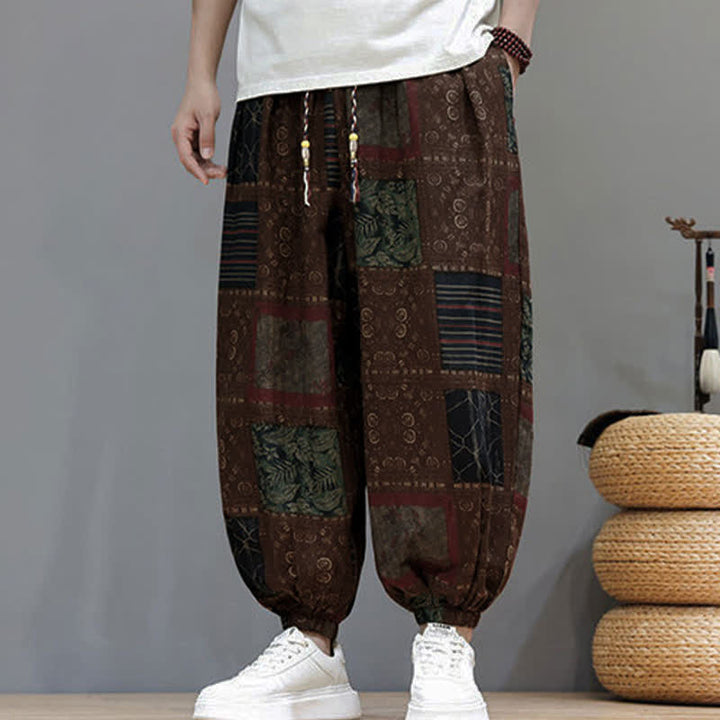 Buddha Stones Pantalones cortos geométricos de estilo bohemio casual de verano con cordón ajustable para hombre, estilo harem con bolsillo. - image 12