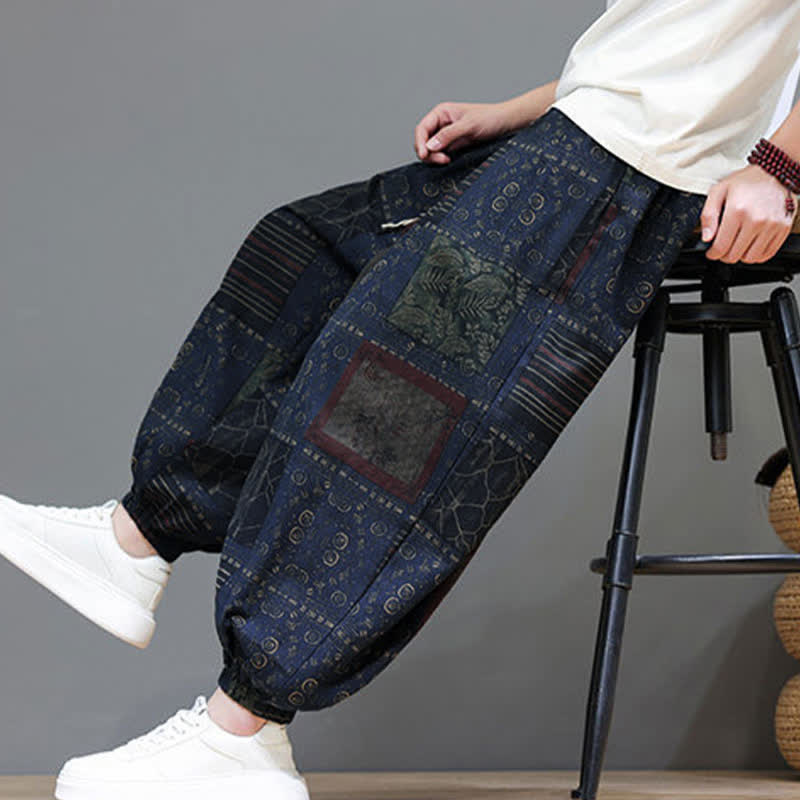Buddha Stones Pantalones cortos geométricos de estilo bohemio casual de verano con cordón ajustable para hombre, estilo harem con bolsillo. - image 5