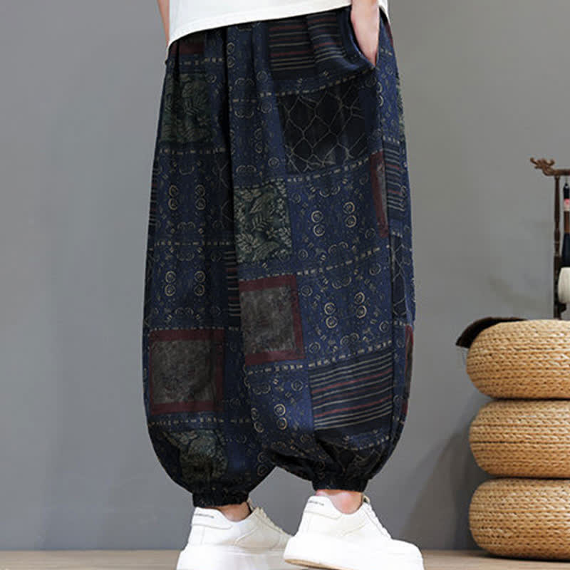 Buddha Stones Pantalones cortos geométricos de estilo bohemio casual de verano con cordón ajustable para hombre, estilo harem con bolsillo. - image 6