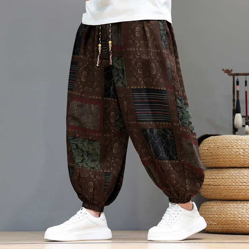 Buddha Stones Pantalones cortos geométricos de estilo bohemio casual de verano con cordón ajustable para hombre, estilo harem con bolsillo. - image 15