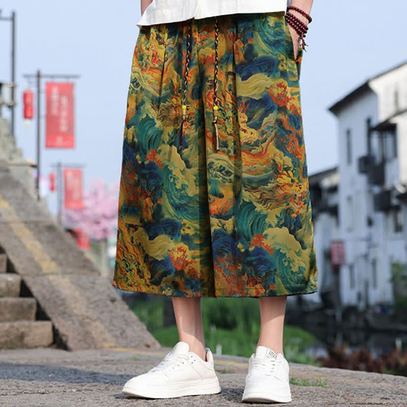 Buddha Stones Pantalones cortos de verano vintage informales con cordón ajustable y estampado de grullas para hombre, con bolsillo. - image 1