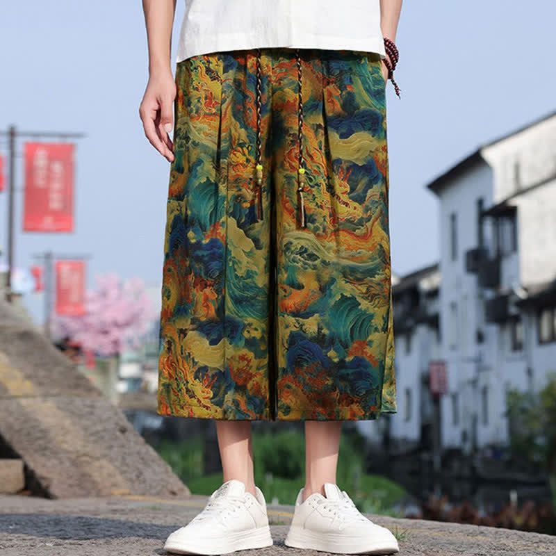 Buddha Stones Pantalones cortos de verano vintage informales con cordón ajustable y estampado de grullas para hombre, con bolsillo. - Turquesa oscuro - US/UK/AU48, EU58 (5XL) - image 0
