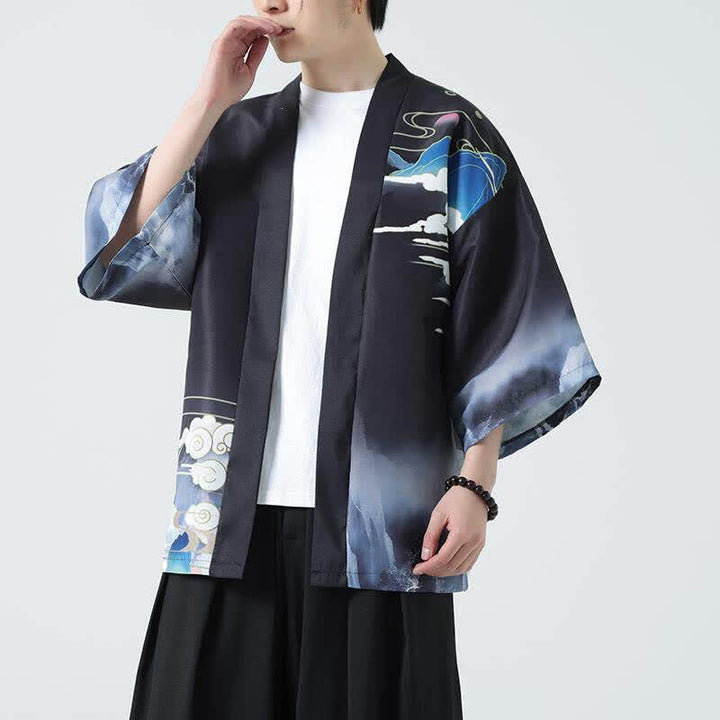 Buddha Stones Kimono de verano informal vintage con estampado de grullas para hombre - image 1