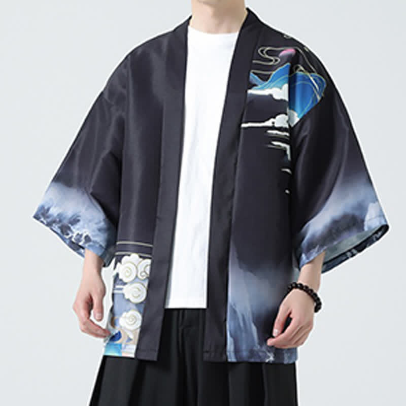 Buddha Stones Kimono de verano informal vintage con estampado de grullas para hombre - image 10