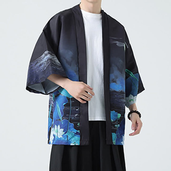 Buddha Stones Kimono de verano informal vintage con estampado de grullas para hombre - image 38