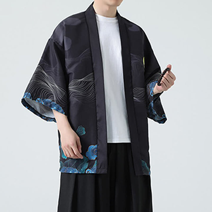 Buddha Stones Kimono de verano informal vintage con estampado de grullas para hombre - image 26