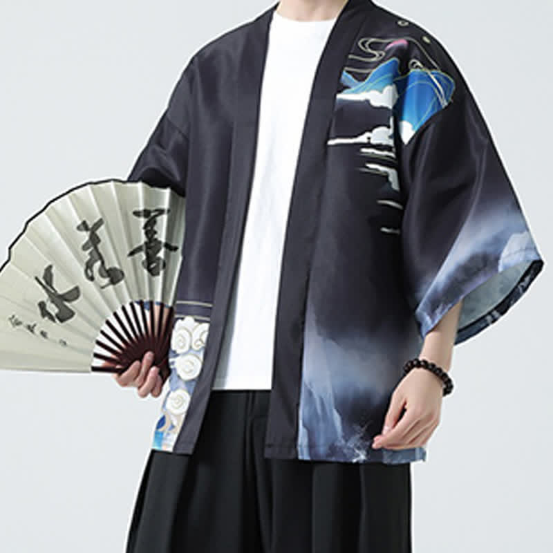 Buddha Stones Kimono de verano informal vintage con estampado de grullas para hombre - image 6