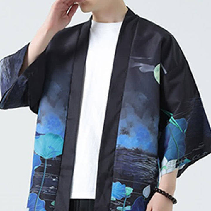 Buddha Stones Kimono de verano informal vintage con estampado de grullas para hombre - image 40