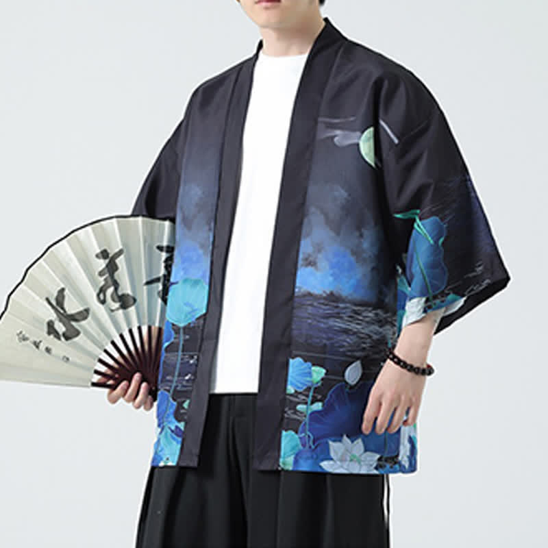 Buddha Stones Kimono de verano informal vintage con estampado de grullas para hombre - Loto - US/UK/AU48, EU58 (5XL) - image 37