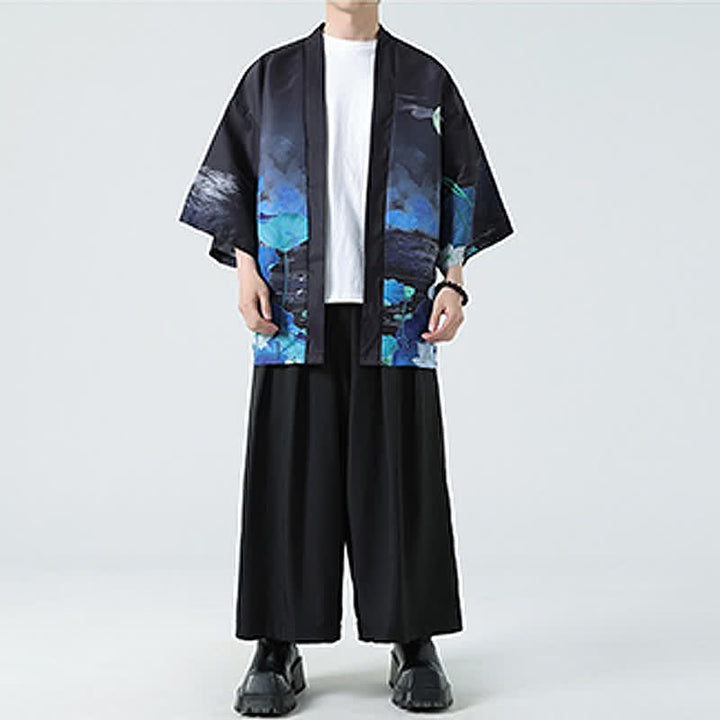 Buddha Stones Kimono de verano informal vintage con estampado de grullas para hombre - image 42