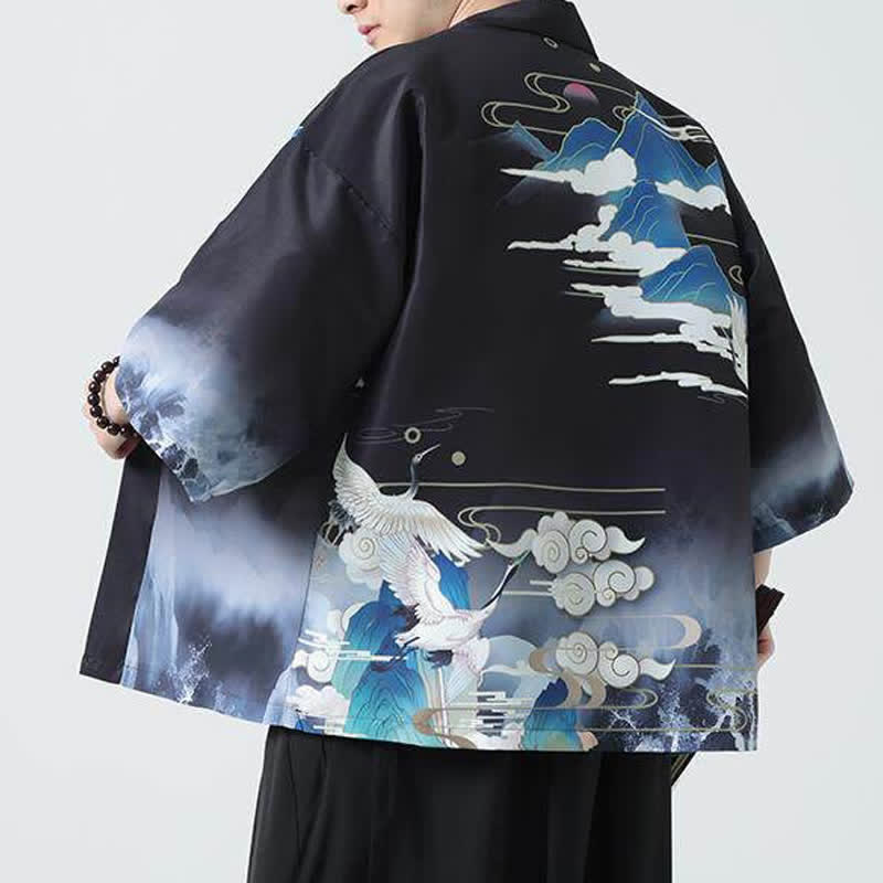 Buddha Stones Kimono de verano informal vintage con estampado de grullas para hombre - image 8