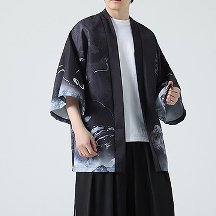 Buddha Stones Kimono de verano informal vintage con estampado de grullas para hombre - image 15
