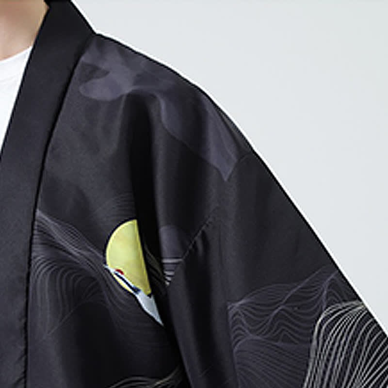 Buddha Stones Kimono de verano informal vintage con estampado de grullas para hombre - image 30