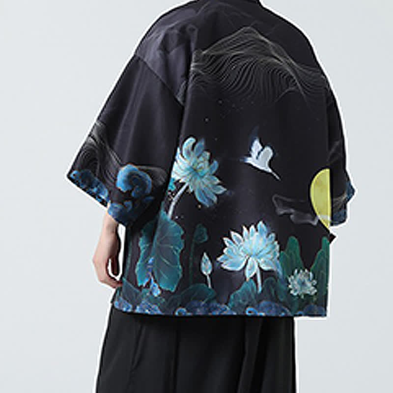 Buddha Stones Kimono de verano informal vintage con estampado de grullas para hombre - image 29