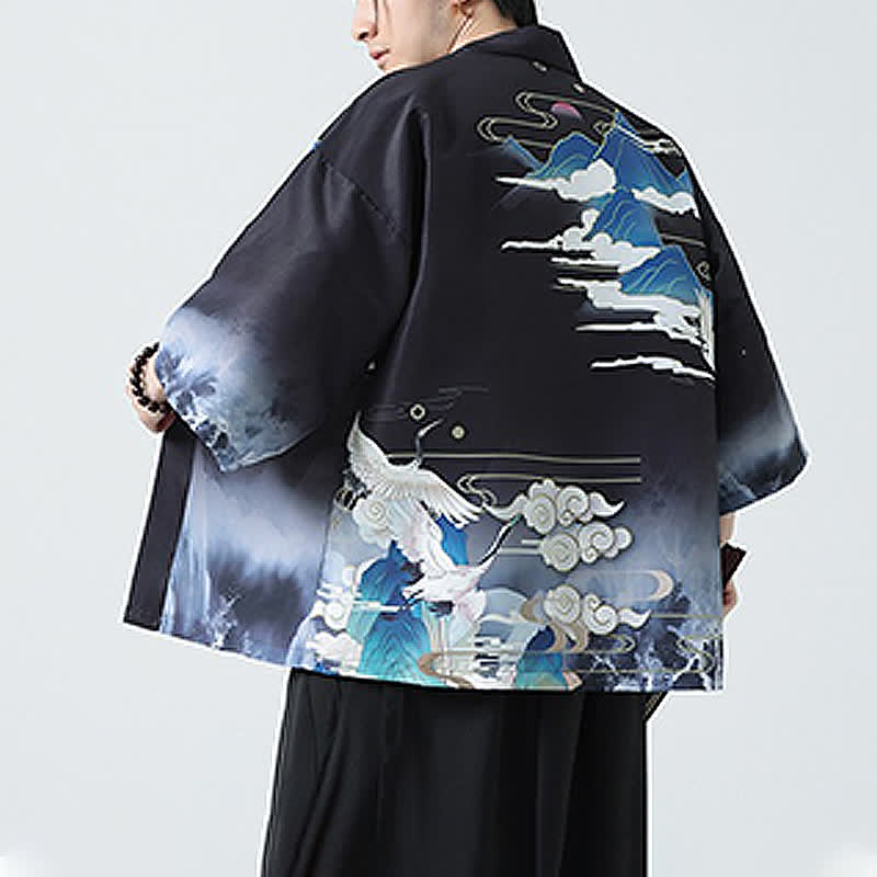 Buddha Stones Kimono de verano informal vintage con estampado de grullas para hombre - image 3