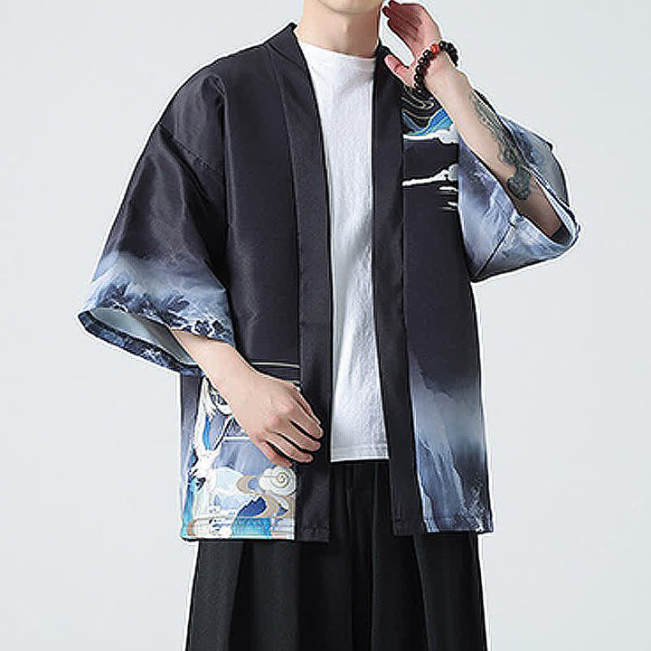 Buddha Stones Kimono de verano informal vintage con estampado de grullas para hombre - image 22