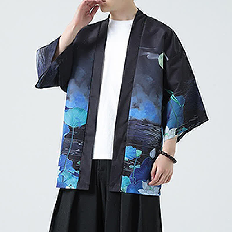Buddha Stones Kimono de verano informal vintage con estampado de grullas para hombre - image 43