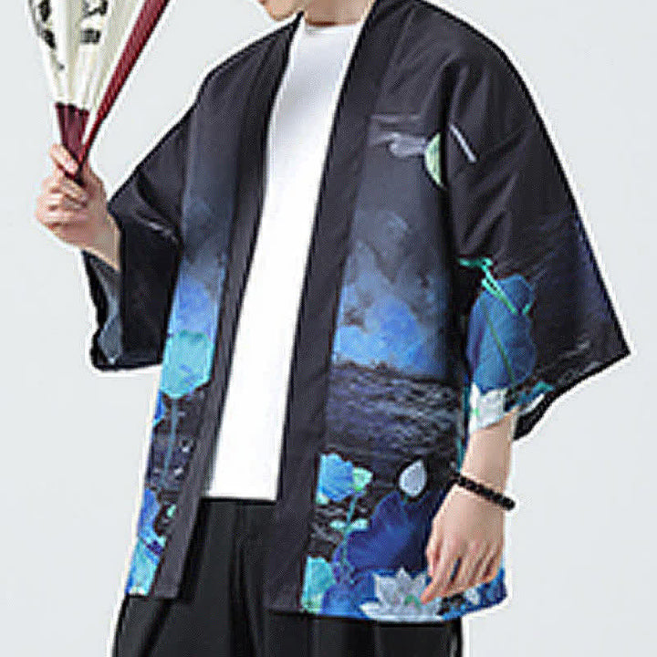 Buddha Stones Kimono de verano informal vintage con estampado de grullas para hombre - image 45
