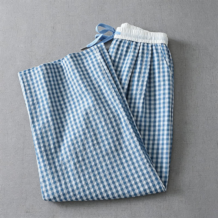 Buddha Stones Pantalones tobilleros de cuadros con cordón ajustable, estilo casual de verano para mujer, de pierna recta y con bolsillo. - image 2