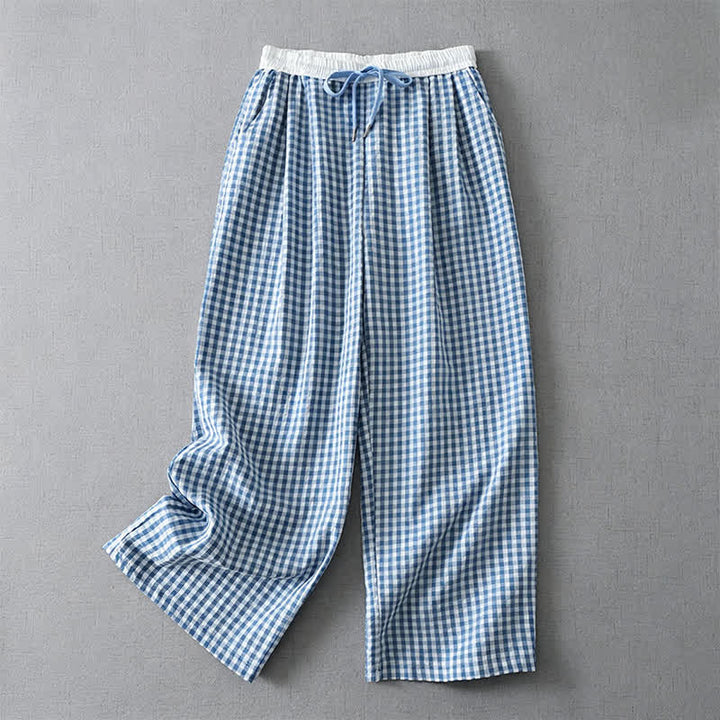 Buddha Stones Pantalones tobilleros de cuadros con cordón ajustable, estilo casual de verano para mujer, de pierna recta y con bolsillo. - Azul claro - US8-10, UK/AU12-14, EU40-42 (2XL) - image 0
