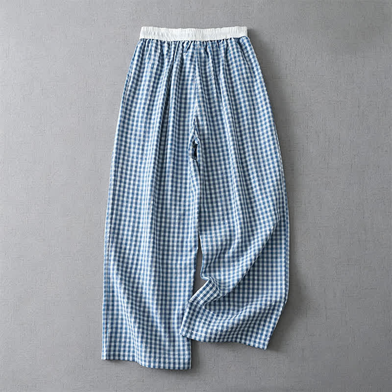 Buddha Stones Pantalones tobilleros de cuadros con cordón ajustable, estilo casual de verano para mujer, de pierna recta y con bolsillo. - image 1
