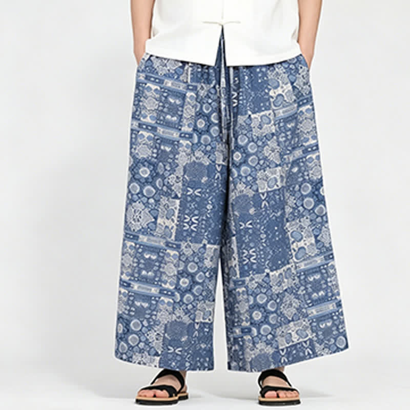 Buddha Stones Pantalones capri florales de estilo bohemio casual de verano con cordón ajustable para hombre, pierna ancha y bolsillo. - image 2