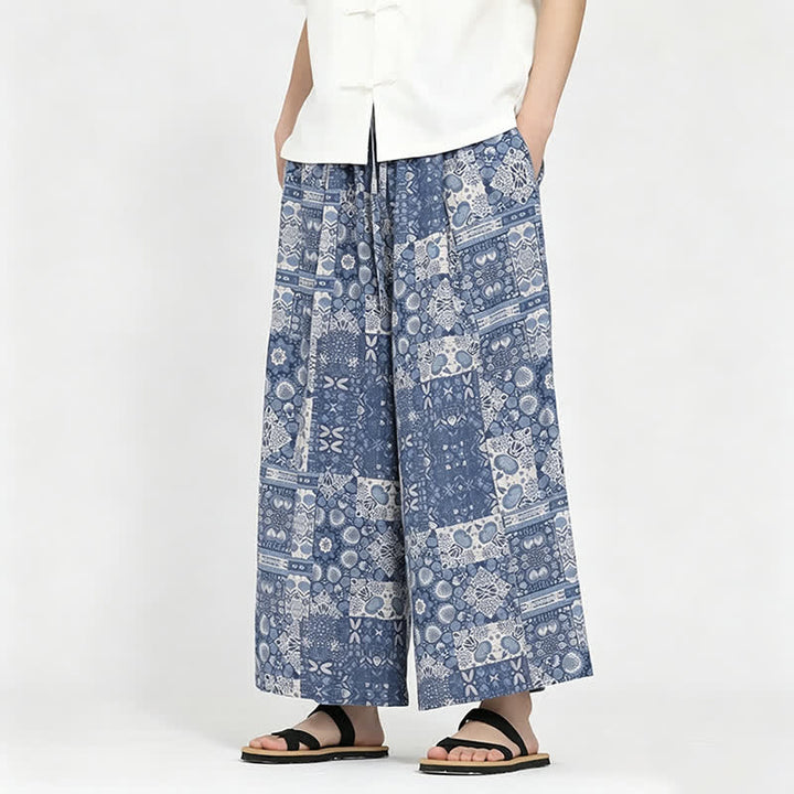 Buddha Stones Pantalones capri florales de estilo bohemio casual de verano con cordón ajustable para hombre, pierna ancha y bolsillo. - Azul acero - US/UK/AU48, EU58 (5XL) - image 0