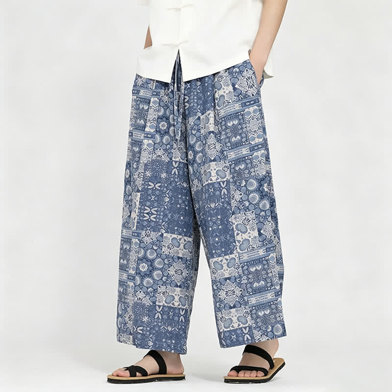 Buddha Stones Pantalones capri florales de estilo bohemio casual de verano con cordón ajustable para hombre, pierna ancha y bolsillo. - image 3
