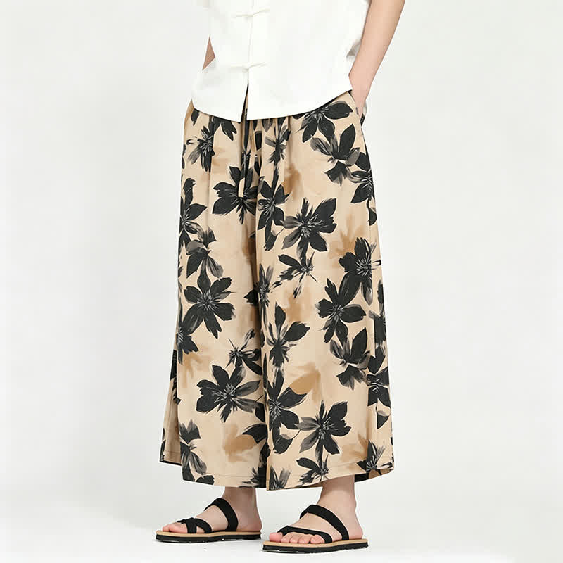 Buddha Stones Pantalones capri florales de estilo bohemio casual de verano con cordón ajustable para hombre, pierna ancha y bolsillo. - Caqui - US/UK/AU48, EU58 (5XL) - image 13