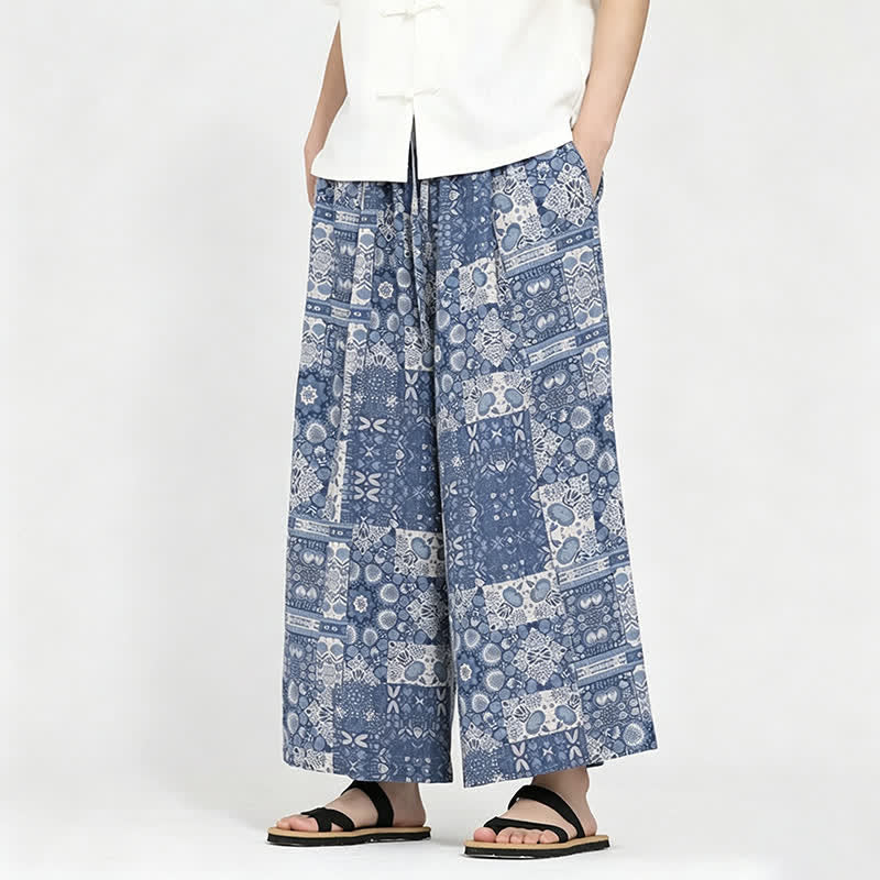 Buddha Stones Pantalones capri florales de estilo bohemio casual de verano con cordón ajustable para hombre, pierna ancha y bolsillo. - image 5