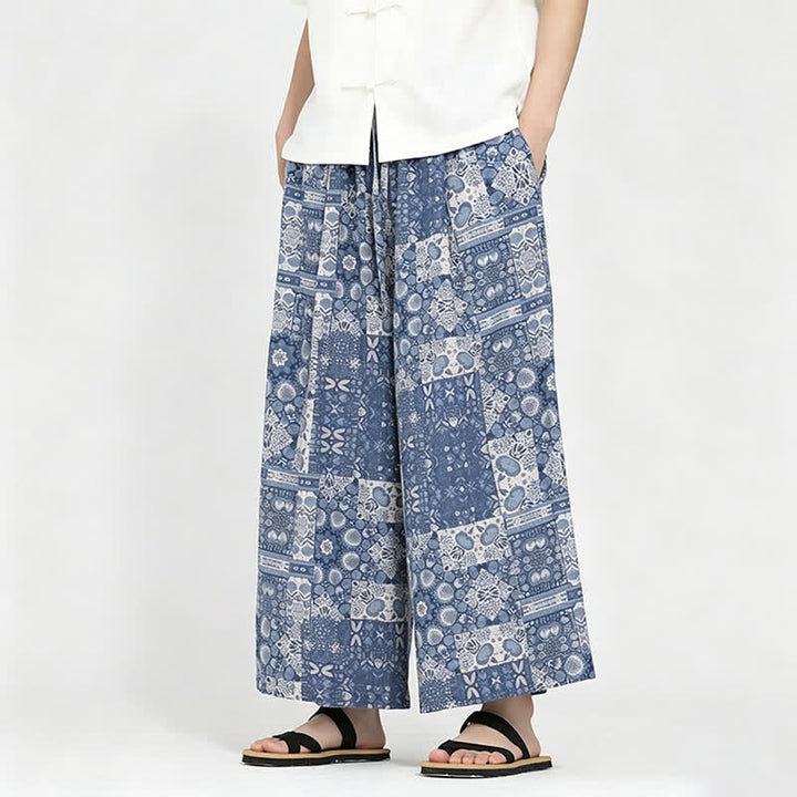 Buddha Stones Pantalones capri florales de estilo bohemio casual de verano con cordón ajustable para hombre, pierna ancha y bolsillo. - image 5