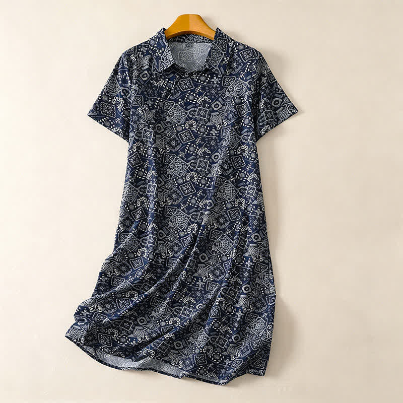 Buddha Stones Vestido veraniego informal vintage de manga corta hasta la rodilla con estampado geométrico, botones y bolsillos. - Azul medianoche - US12, UK/AU16, EU44 (2XL) - image 0