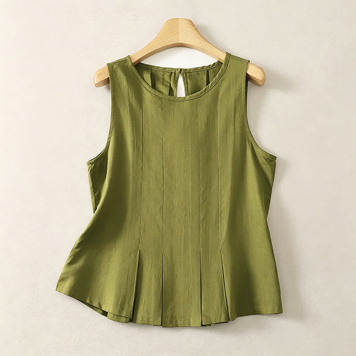 Buddha Stones Camiseta sin mangas elegante de verano con pliegues y costura vertical para mujer. - Verde oliva - US8-10, UK/AU12-14, EU40-42 (2XL) - image 0