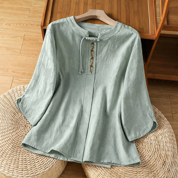 Buddha Stones Camisas de manga corta para mujer, estilo bohemio veraniego, con bordado y cordón ajustable. - Verde pálido - US12, UK/AU16, EU44 (3XL) - image 0