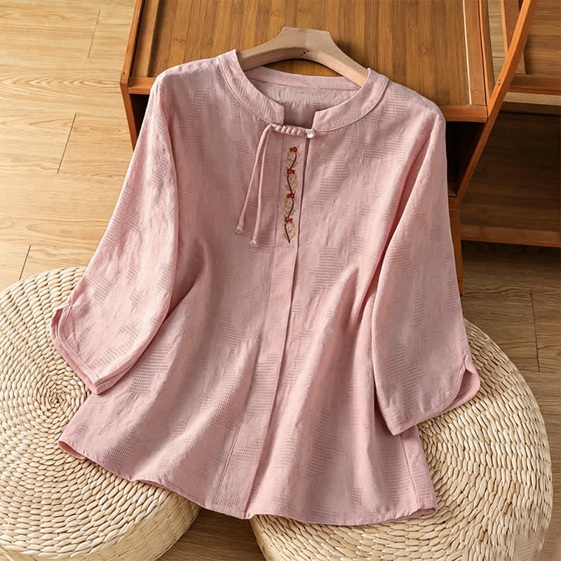 Buddha Stones Camisas de manga corta para mujer, estilo bohemio veraniego, con bordado y cordón ajustable. - rosa claro - US12, UK/AU16, EU44 (3XL) - image 6