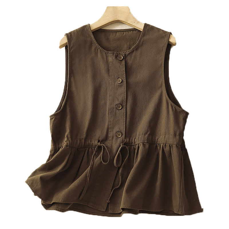 Buddha Stones Camiseta sin mangas de verano informal vintage con botones y cordón ajustable para mujer. - image 1