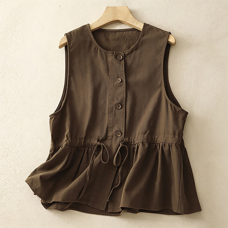 Buddha Stones Camiseta sin mangas de verano informal vintage con botones y cordón ajustable para mujer. - Tierra de siena - US8-10, UK/AU12-14, EU40-42 (2XL) - image 0