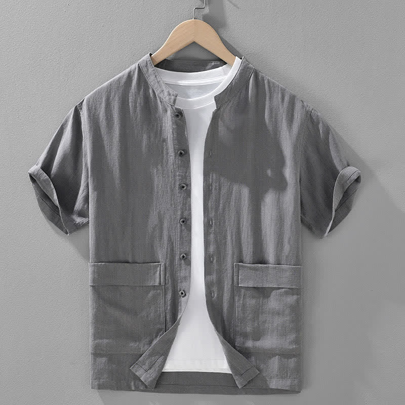 Buddha Stones Camisas de manga corta para hombre, estilo vintage de verano, con cuello mandarín, botones y bolsillos. - Gris - US/UK/AU42, EU52 (3XL) - image 0