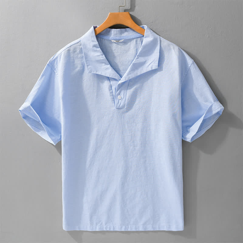 Buddha Stones Camisa de manga corta para hombre, estilo casual de verano, minimalista, con botones y solapa lisa. - Azul cielo claro - US/UK/AU42, EU52 (3XL) - image 0