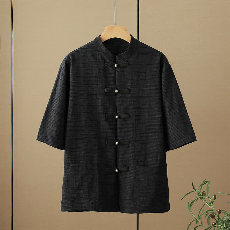 Buddha Stones Camisas de manga hasta el codo para hombre, estilo casual, con cuello mandarín, botones de rana, color liso, con bolsillos, para verano. - Negro - US/UK/AU48, EU58 (6XL) - image 2