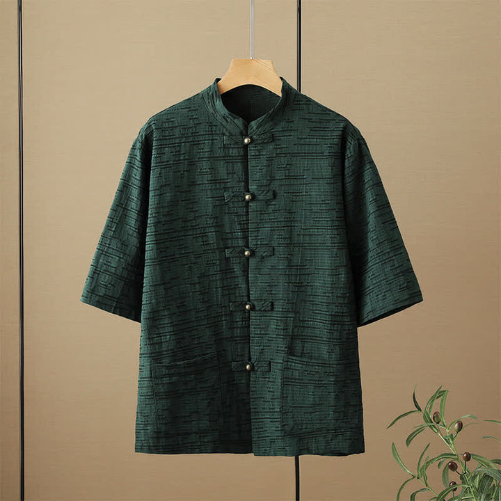Buddha Stones Camisas de manga hasta el codo para hombre, estilo casual, con cuello mandarín, botones de rana, color liso, con bolsillos, para verano. - Verde oscuro - US/UK/AU48, EU58 (6XL) - image 0