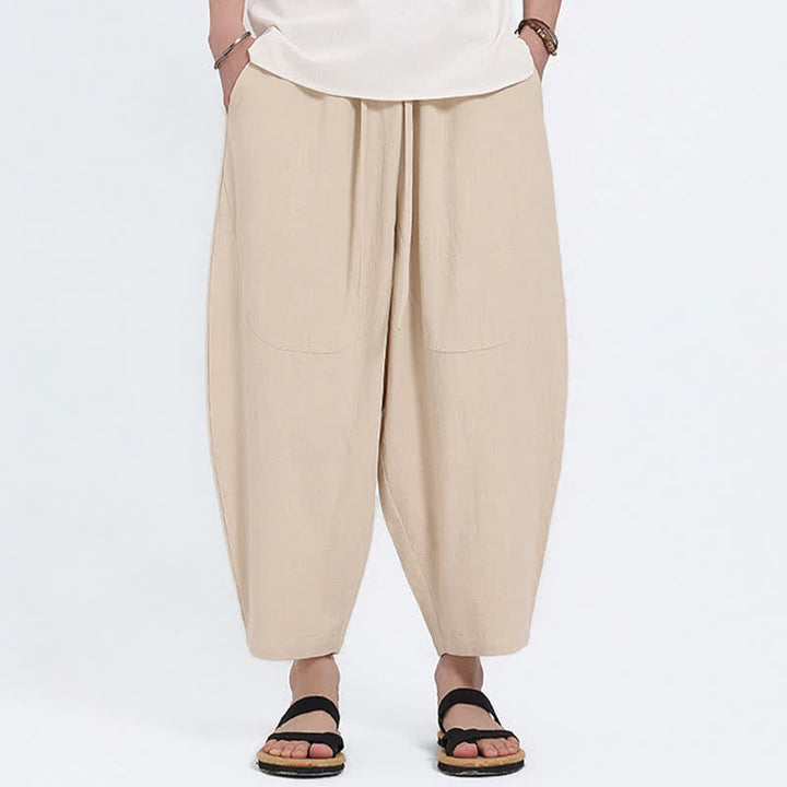 Buddha Stones Pantalones capri de algodón y lino lisos con cordón ajustable, estilo harem para hombre, con bolsillos, ideales para el verano. - Beige - US/UK/AU46, EU56 (5XL) - image 15