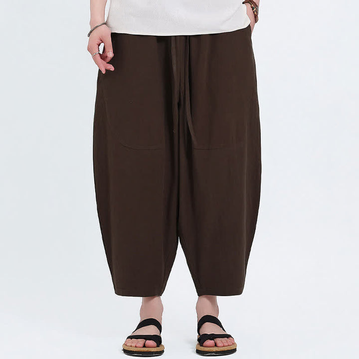 Buddha Stones Pantalones capri de algodón y lino lisos con cordón ajustable, estilo harem para hombre, con bolsillos, ideales para el verano. - image 14