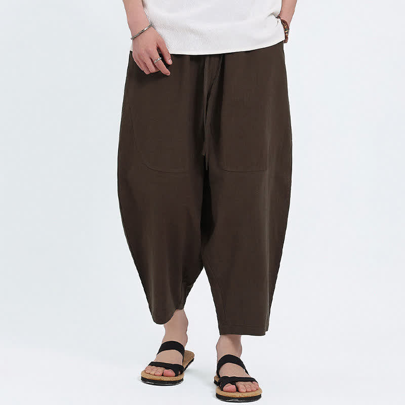 Buddha Stones Pantalones capri de algodón y lino lisos con cordón ajustable, estilo harem para hombre, con bolsillos, ideales para el verano. - image 12